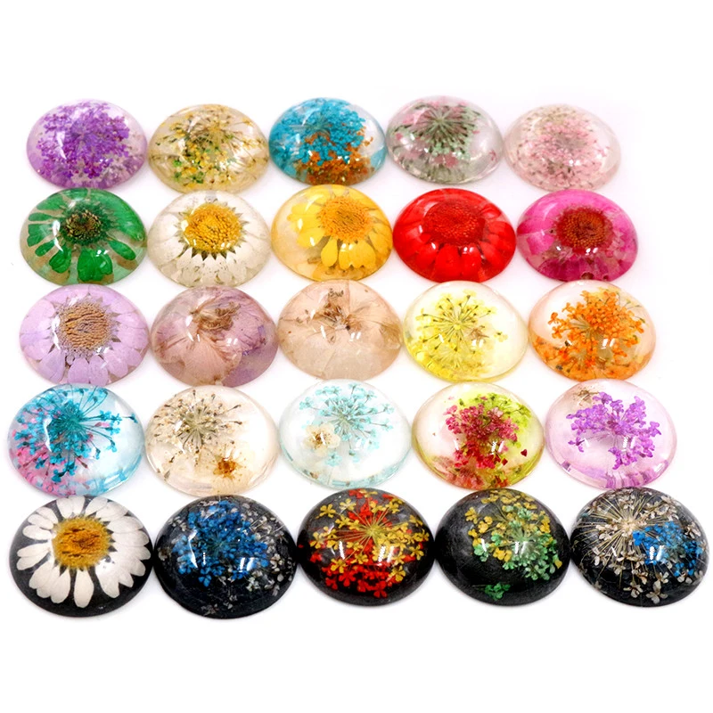 New Fashion 5pcs 25mm Mixed Natural Dried Flowers Flat Back Resin Cabochons Cameo