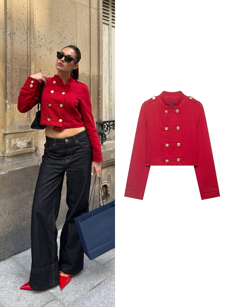 Chaqueta Corta Estilo Militar para Mujer, Marca HH, Primavera, con Botones Dorados, Cuello Alto, Manga Larga, Ropa Exterior Elegante, Casual y Festiva