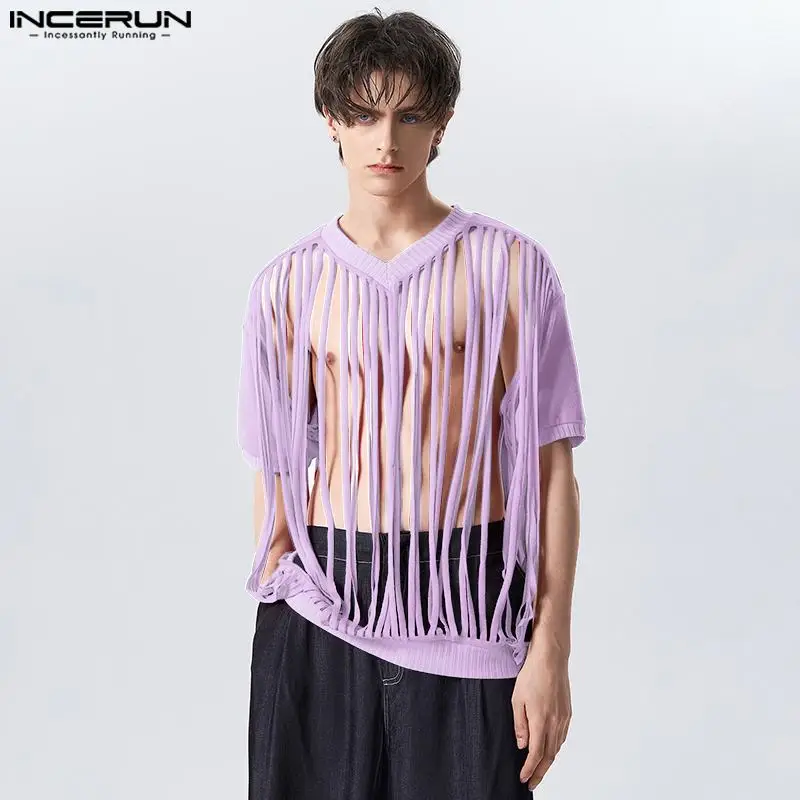 Fashion Casual Style Tops INCERUN Men Short Sleeved Knitted V-neck Printed T-Shirts Sexy Comfortable Hot Selling Hollow Camiseta