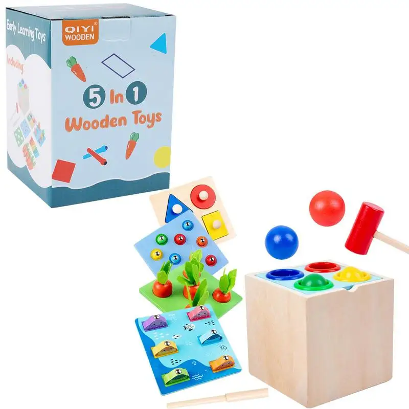 Portable Wooden Color Shape Matching Game for Kids, Brinquedos Educativos de Aprendizagem, Habilidades Motoras Finas, 5 em 1