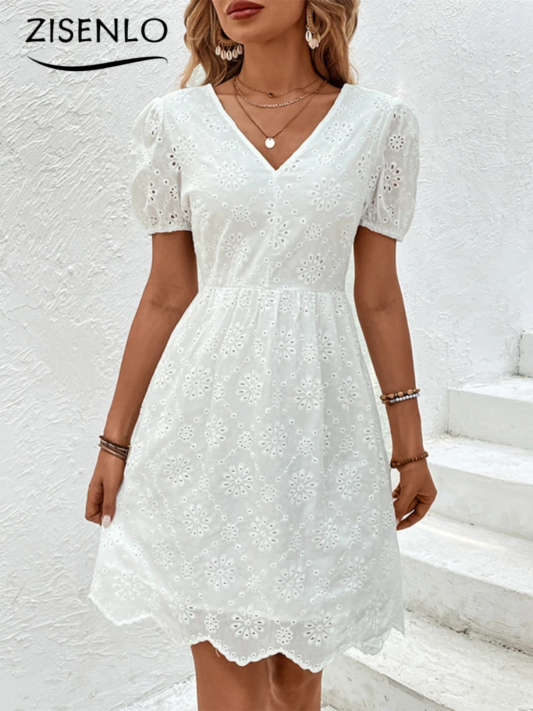 Summer New V-neck Bubble Sleeve White Dresses Korean Reviews Many Clothes Woman Clothing Elegant Party Dresses 2024 Vestidos