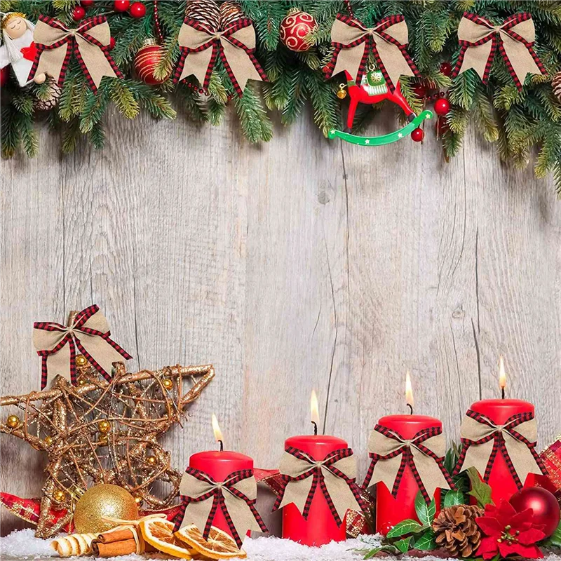 B62B-8X Buffalo Plaid Wired Edge Ribbons Christmas Burlap Fabric Craft Ribbon Wrapping Ribbon Rolls With Checkered Edge Red