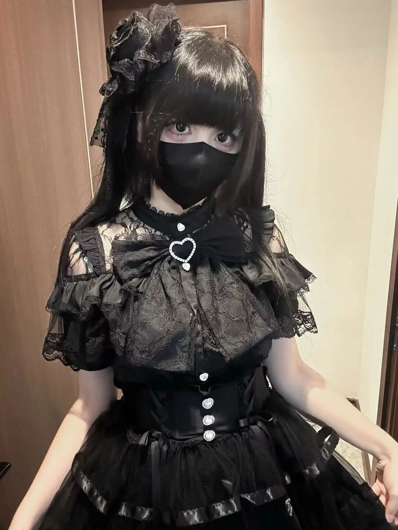 和風ゴシックスカート半袖シャツセット女の子甘いクールキュートなリボンスリムフィットトップパフィースカート女性のロリータ衣装