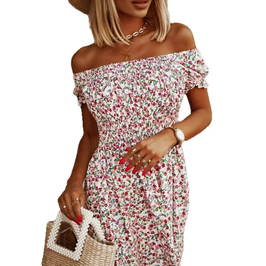 Vrouwen vierkante kraag katoenen print jurk casual korte mouw slanke hoge taille bloemen uit de schouder vakantie strand lange jurk