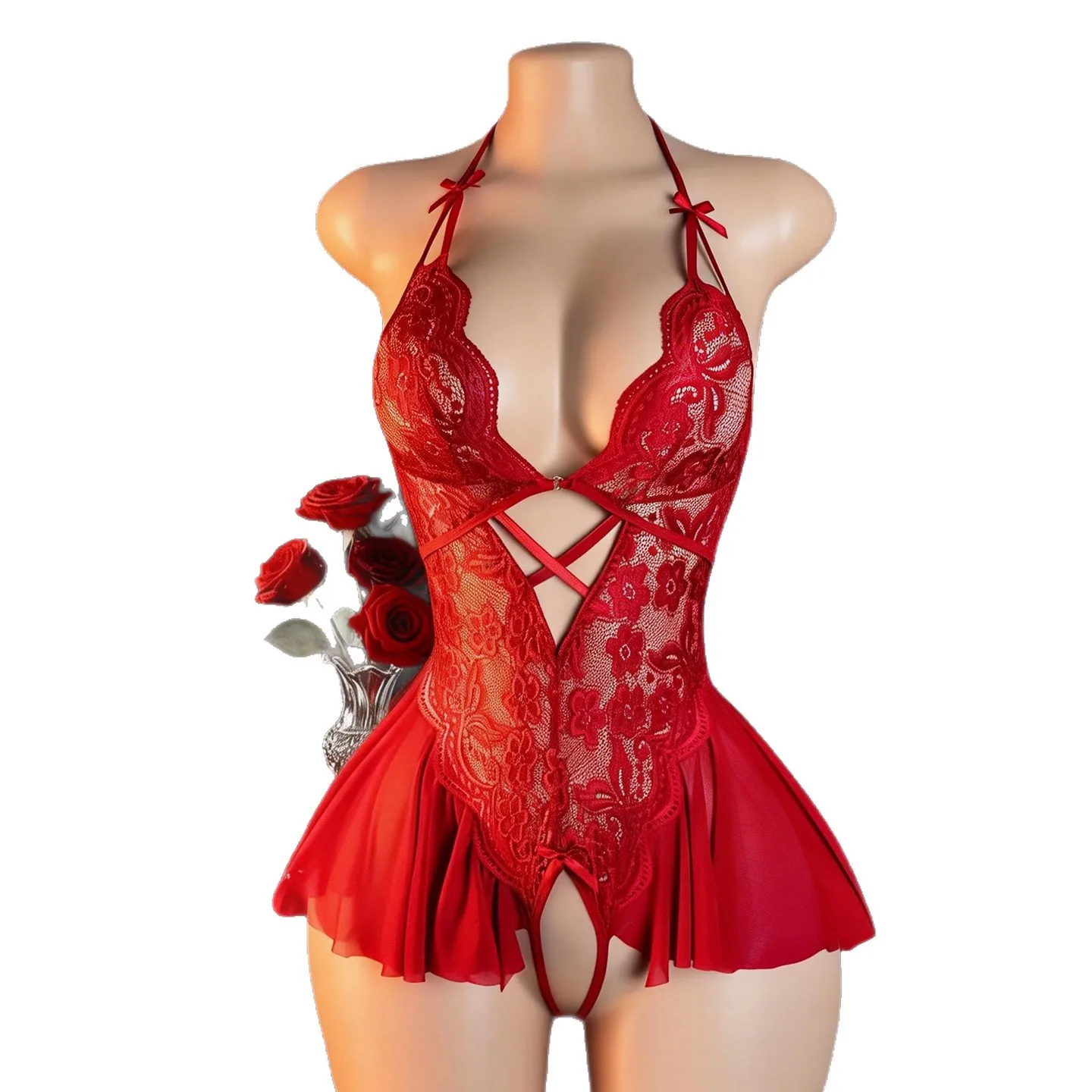 Women Open Bodysuit Crotchless Sexy Temptation Adult Erotic Lingerie Pajamas Lace Sex Costumes Deep V-neck Hot Underwear