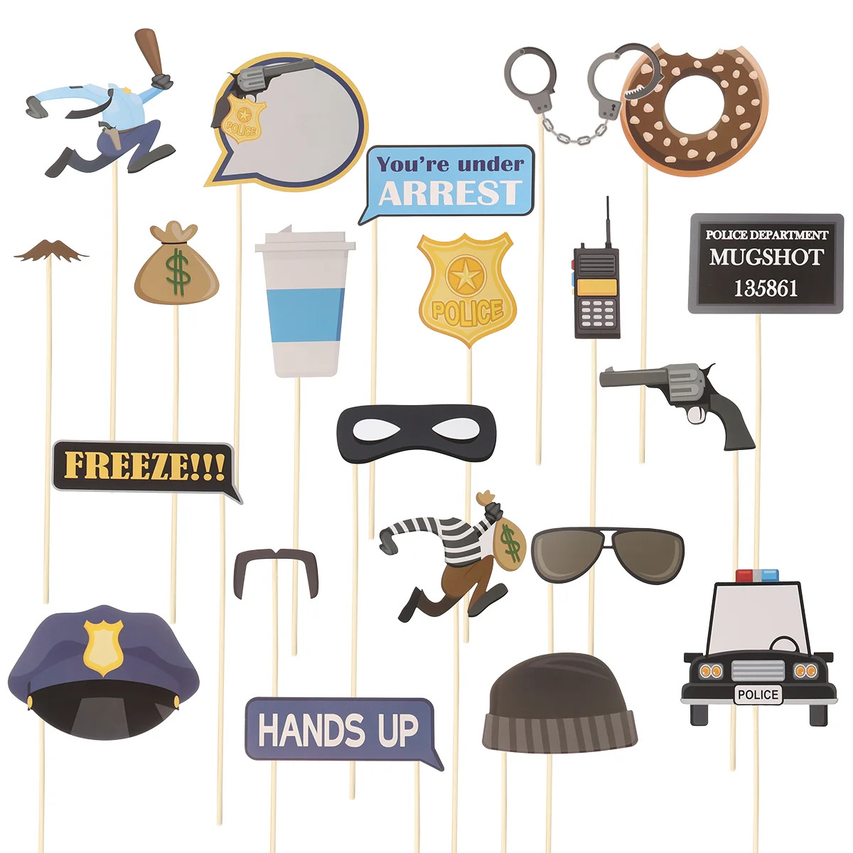 21 Pcs Fun Time with Photo Booth Props Police Thief Party Decoration Favors Wooden