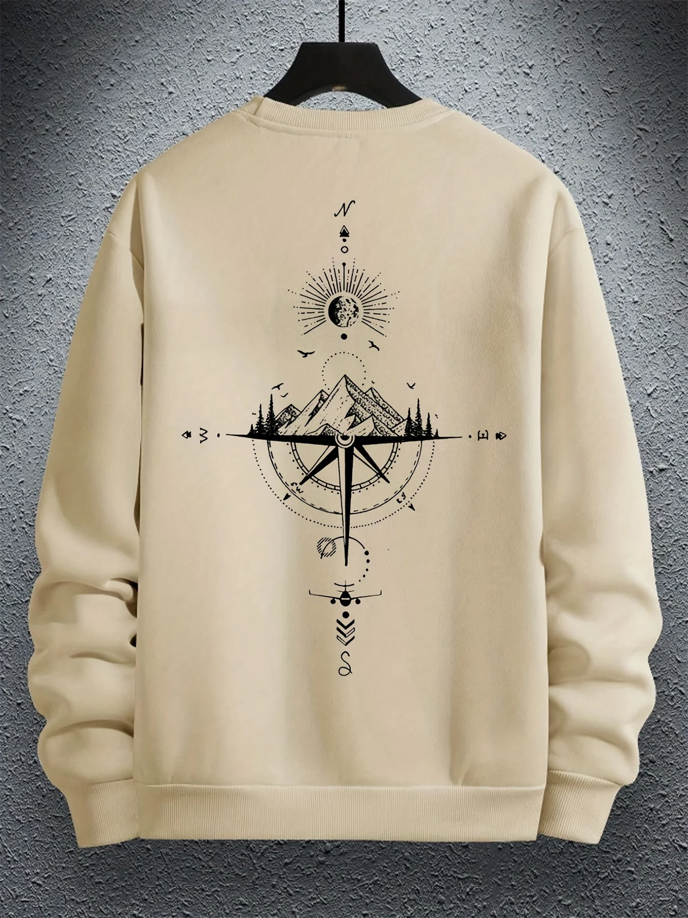 Outono e inverno masculino moda casual solto montanha e bússola impressão gráfica manga comprida em torno do pescoço moletom