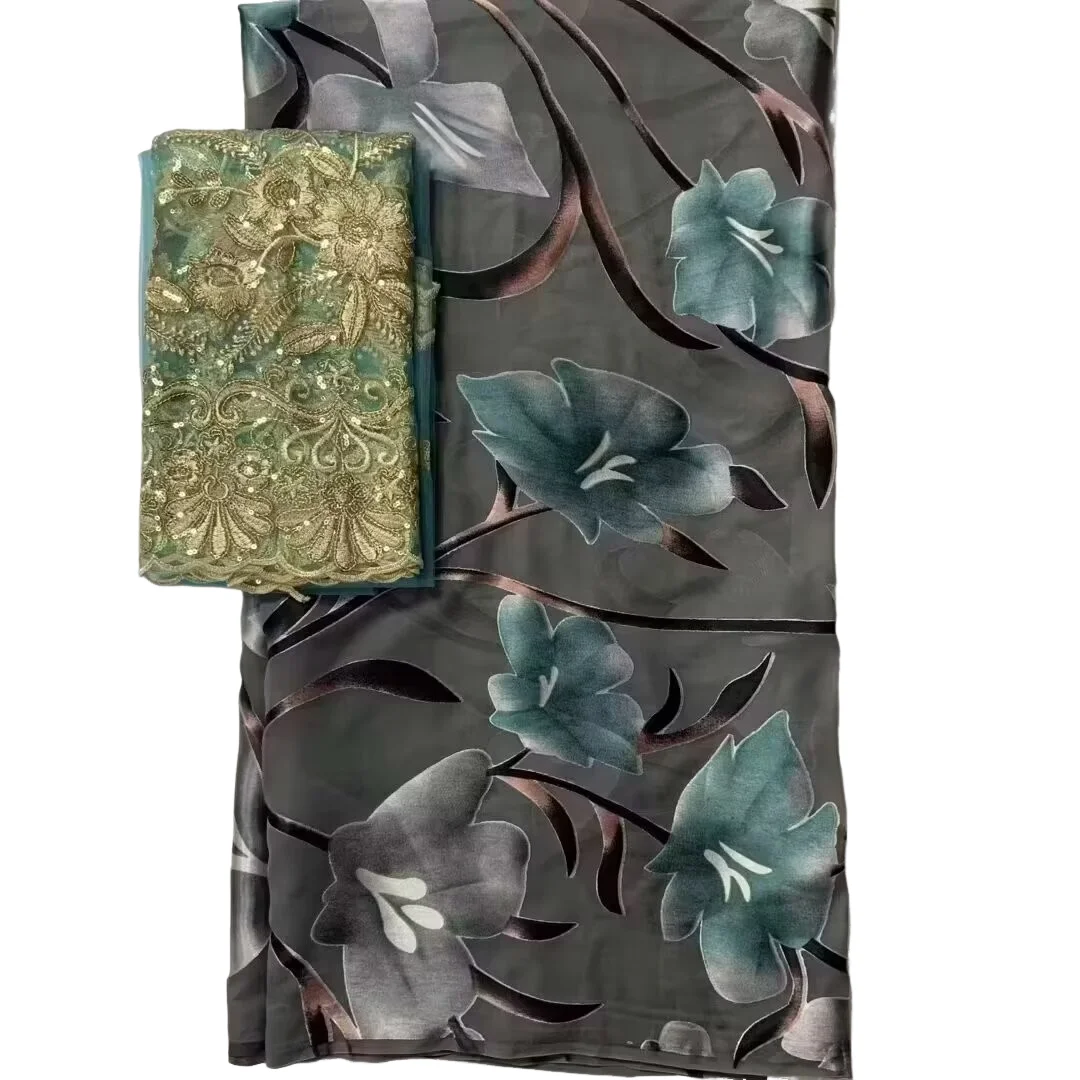 5+2 Yards Multicolor African Silk Lace High Quality Printing Cotton Swiss Voile Lace Fabric Match George Fabric Scarf Set Sewing