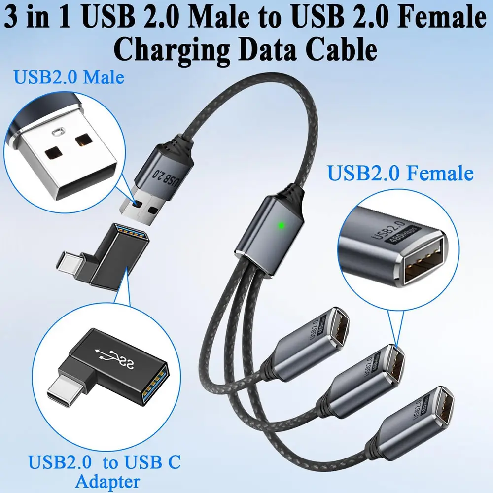 3 في 1 OTG كابل الفاصل USB نوع C إلى 3 منافذ USB أنثى شحن سريع نقل البيانات محور USB2.0 تمديد محول كابل