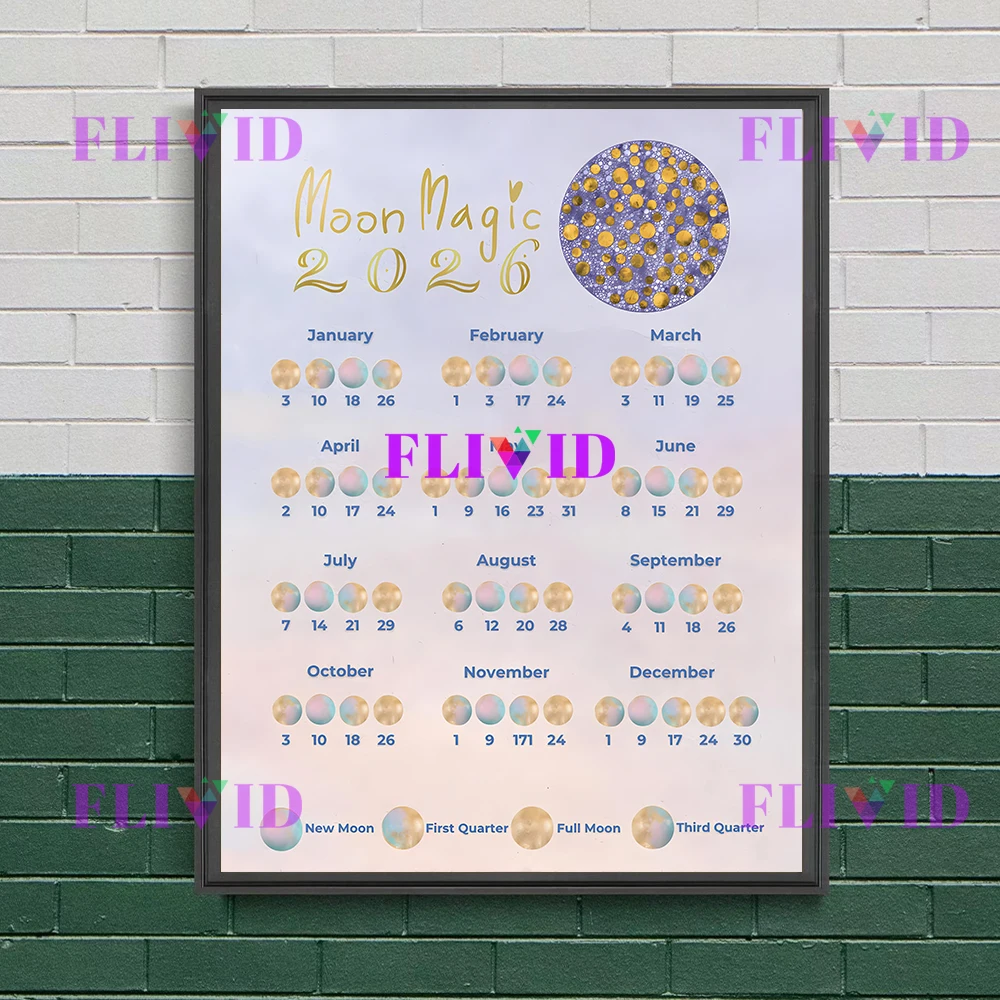2026 القمر التقويم ويتشي غريموير صفحات الرسم على لوحات القماش الجدارية ، 2026 مراحل القمر التقويم ملصق فني طباعة ديكور المنزل غير المؤطرة