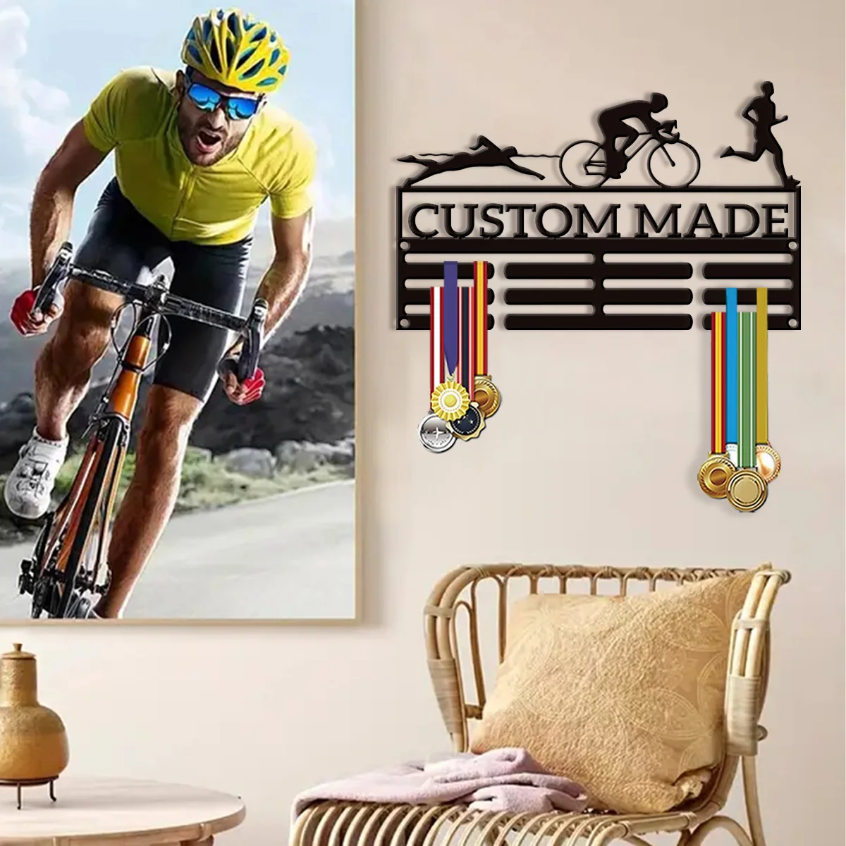 1 Brilliant Personalized Customization Ironman Triathlon Retro Style Wall Mounted Medal Display Rack - Can Hold up to 60 Medals