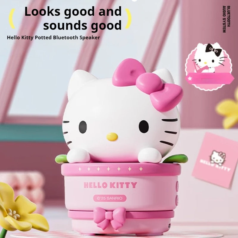 

Sanrio Hellokitty, мини-милый мультяшный Bluetooth-динамик в горшке, новый декор для рабочего стола, супер бас, звук, подарок на день рождения для девочек, игрушка и хобби