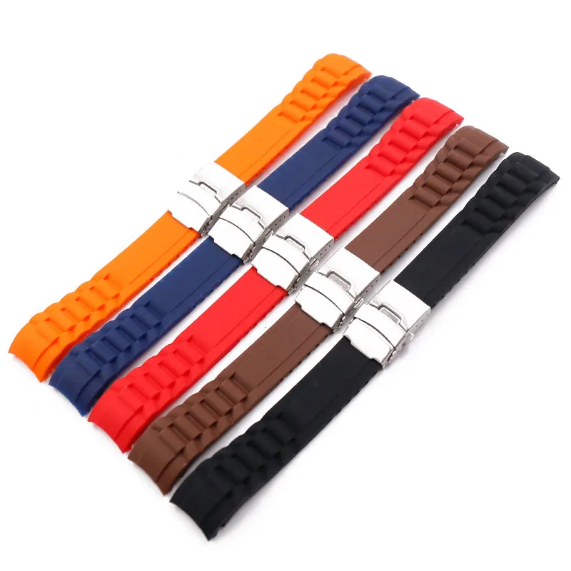 

20mm 22mm men's silicone watch band curved folding buckle compatible for Casio Rolex watch strap women's rubber sport wristband