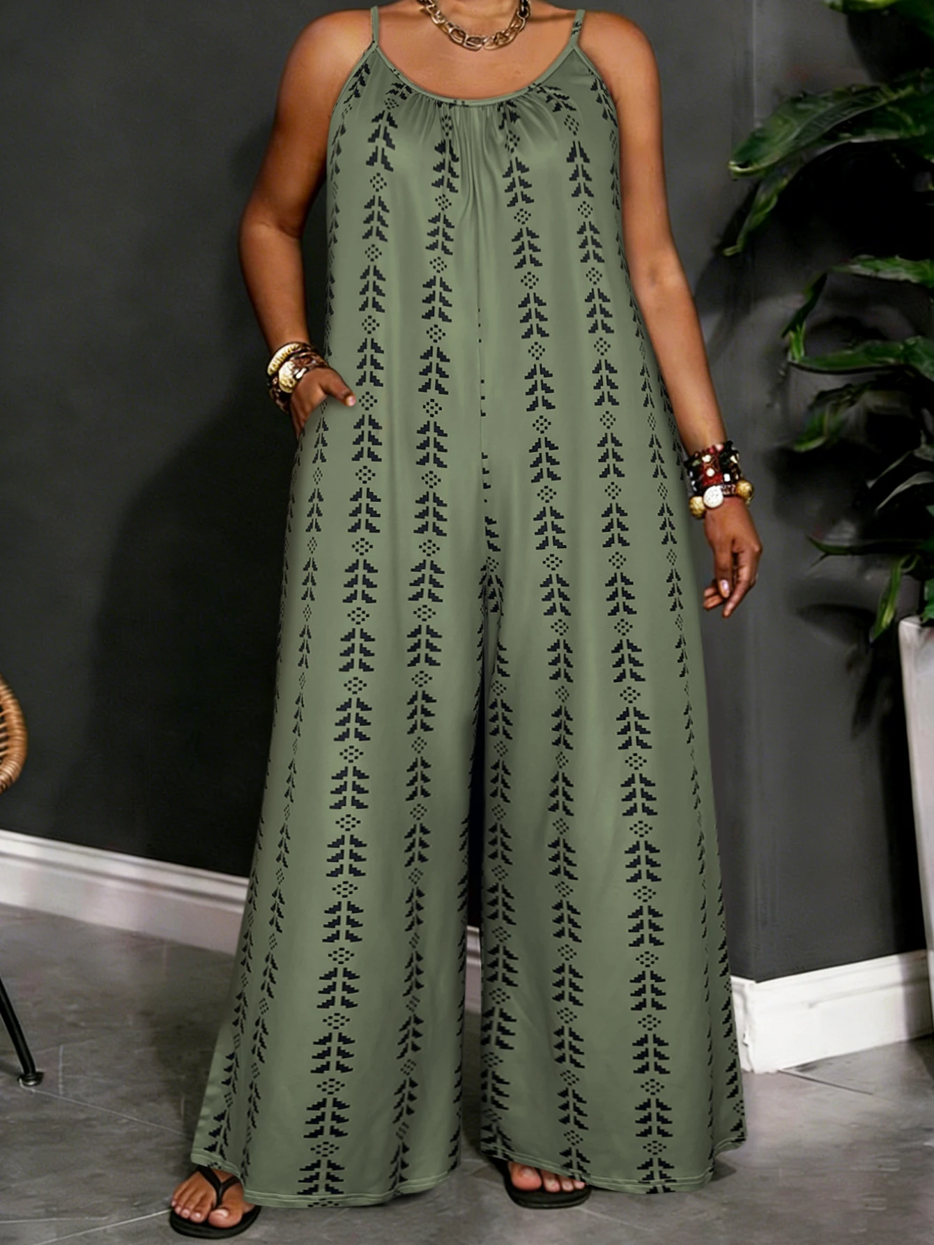 Plus Size Olive Green Geometric Print Spaghetti Strap Jumpsuit, Summer Casual V Neck Loose Wide Leg Romper With Side Pockets