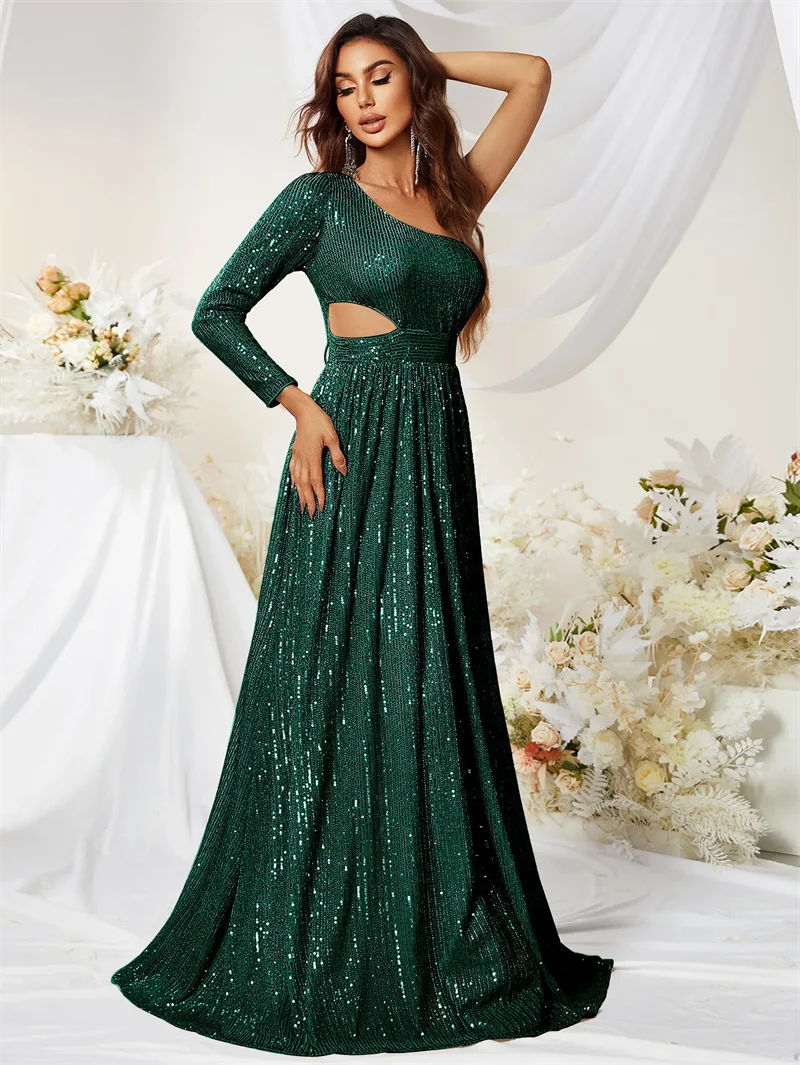 A Line one shoulder long sleeve Mother of the Bride Dresses luxury green Lace Appliques Beads Flowers Wedding Guest Downs