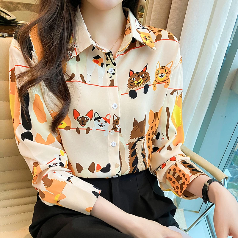 Women Spring Korean Fashion Loose Cartoon Chiffon Polo-Neck Long Sleeve Shirts Women Clothes Casual All-match Appear Thin Tops