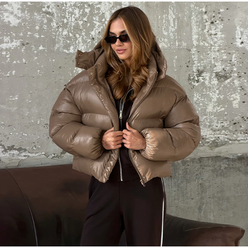  Fashion Solid Cropped Padded Coats Women Detachable Hood Zip Drawstring Hem Warm Jacket 2026 Winter New Lady Casual Outerwear