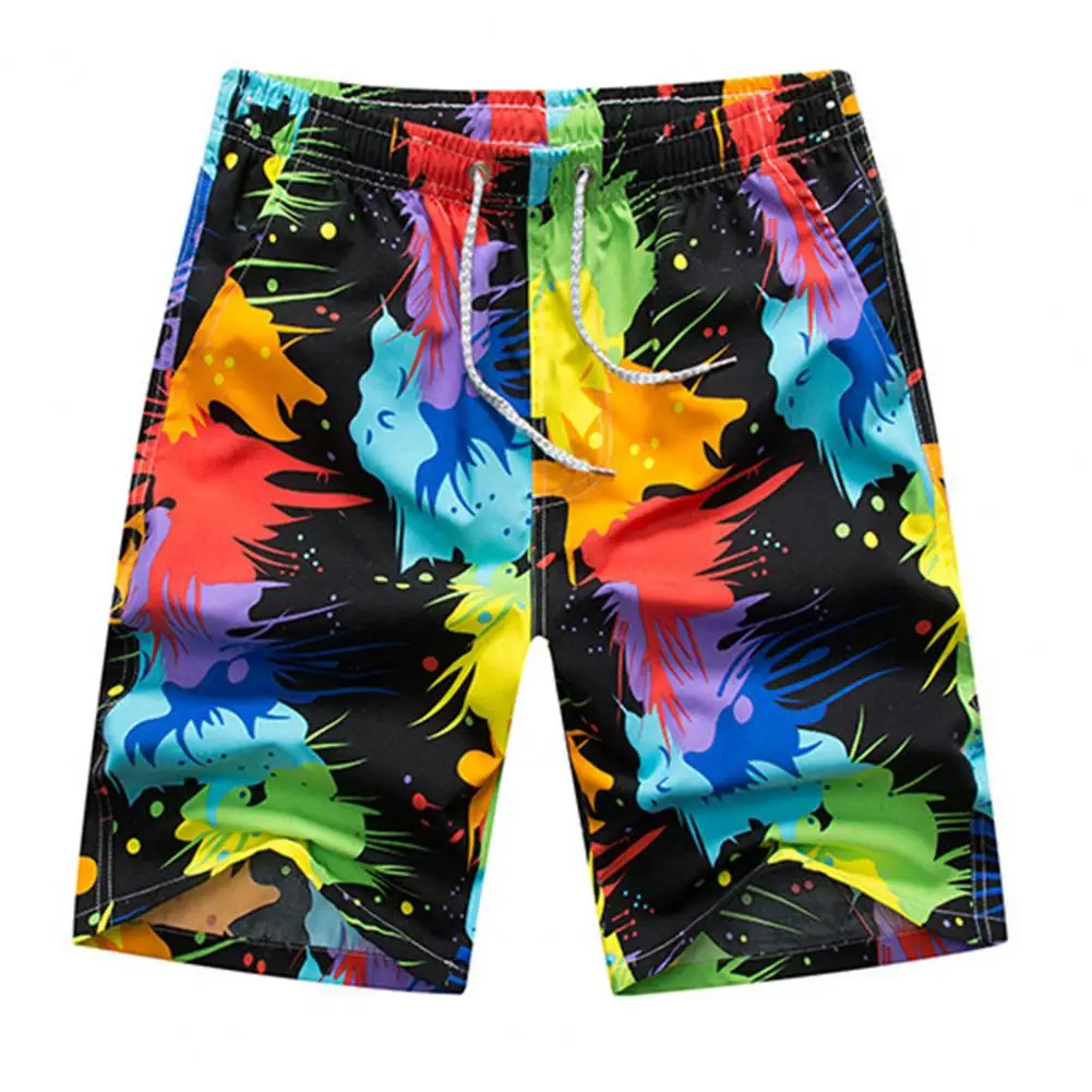 Summer Swimwear Men Swimsuit Elastic Waist Drawstring Pockets Male Shorts Feather Print Men Board Casual Shorts Swimming Trunks