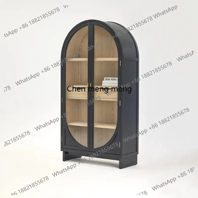 Nordic Old White Pine Arched Wooden Cabinet for Storing Wine Modern Furniture, Matte Black Oak Two-door Side Cabinet