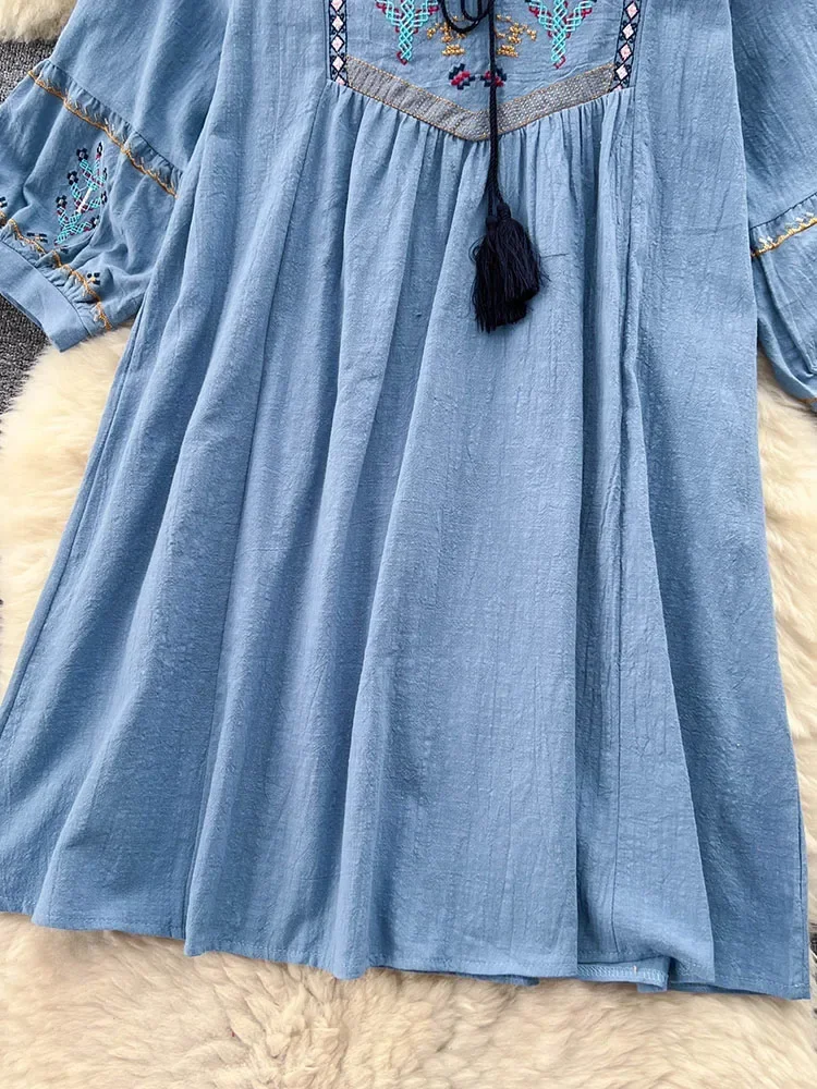 Women Summer Dress New Casual Embroidered Bubble Sleeves Ethnic Style Loose and Slim Foreigner Style Short Dress D4569