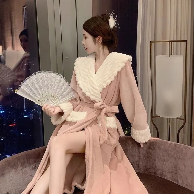 Nightgown Women Pajamas Women Plus Velvet Thickening and Lengthening Coral Velvet Coral Velvet Bathrobe Autumn Winter Home Wear