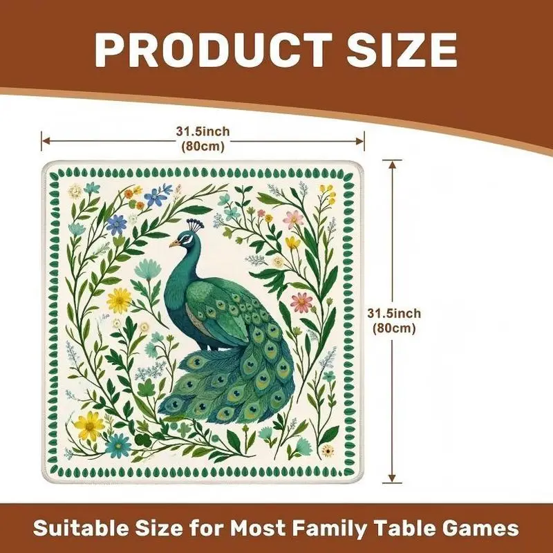 VIKAMA Green Peacock Floral Mahjong Mat Silent Non Slip Pad For Outdoor Pool Party American Mahjong Poker Cover