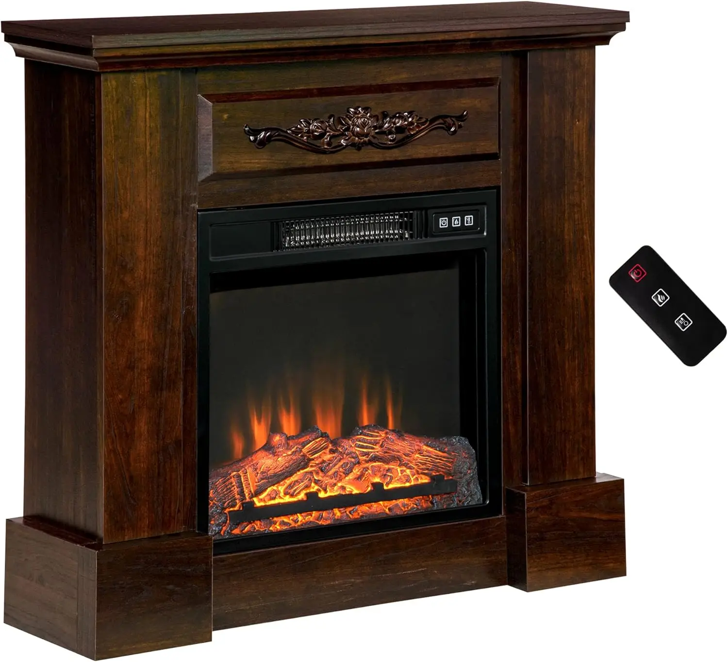 HOMCOM 32" Electric Fireplace with Mantel, Freestanding Heater with LED Log Flame, Overheat Protection and Remote Control, 1400W