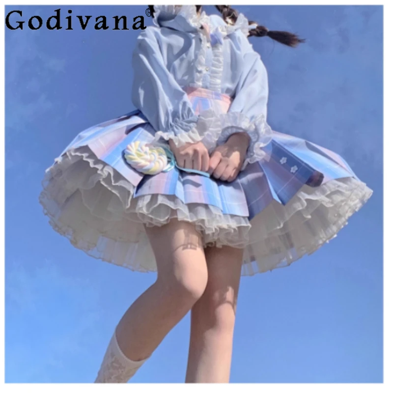 

Sweet Pink Blue Plaid High Waist A-line Age-reducing Jk Pleated Skirt Fashion Versatile Loose Cute Girl Playful Japanese Skirts