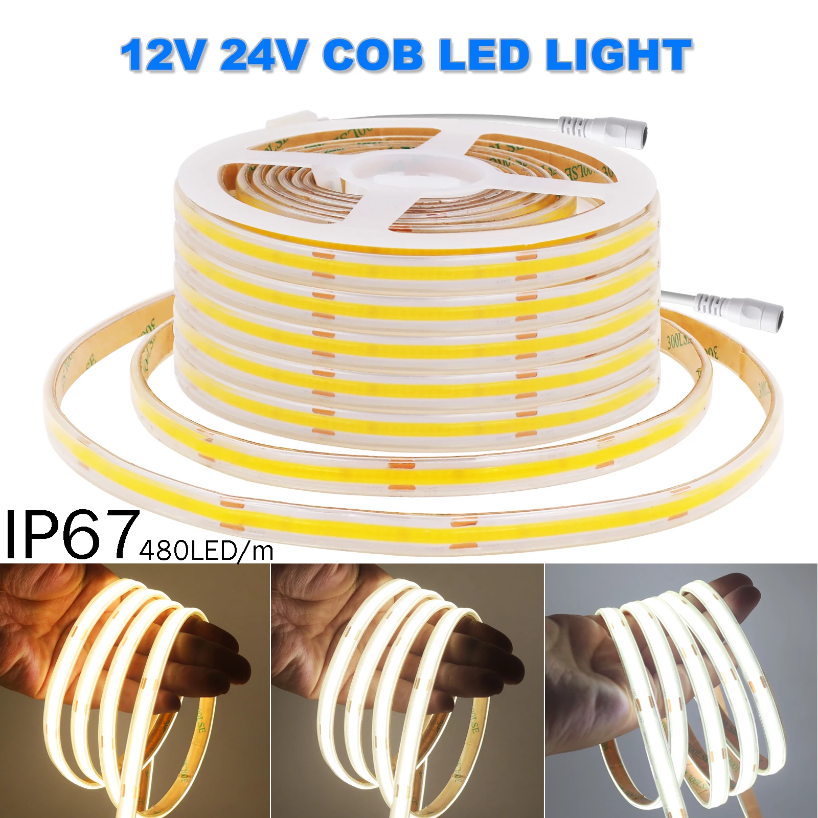 12 V 24 V COB-LED-Streifenlicht, 480 LEDs/m, IP67, wasserdichtes Klebeband, selbstklebend, warm, natürlich, kühles Weiß, hochdichte COB-Linearlichter
