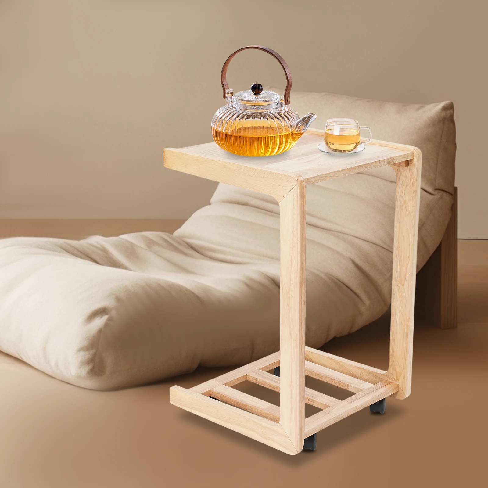 

40cm C Table with Wheels, 2 Tier Small End C Shaped Desk with Storage Adjustable Desktop for Couch Reading Living Room Bedroom