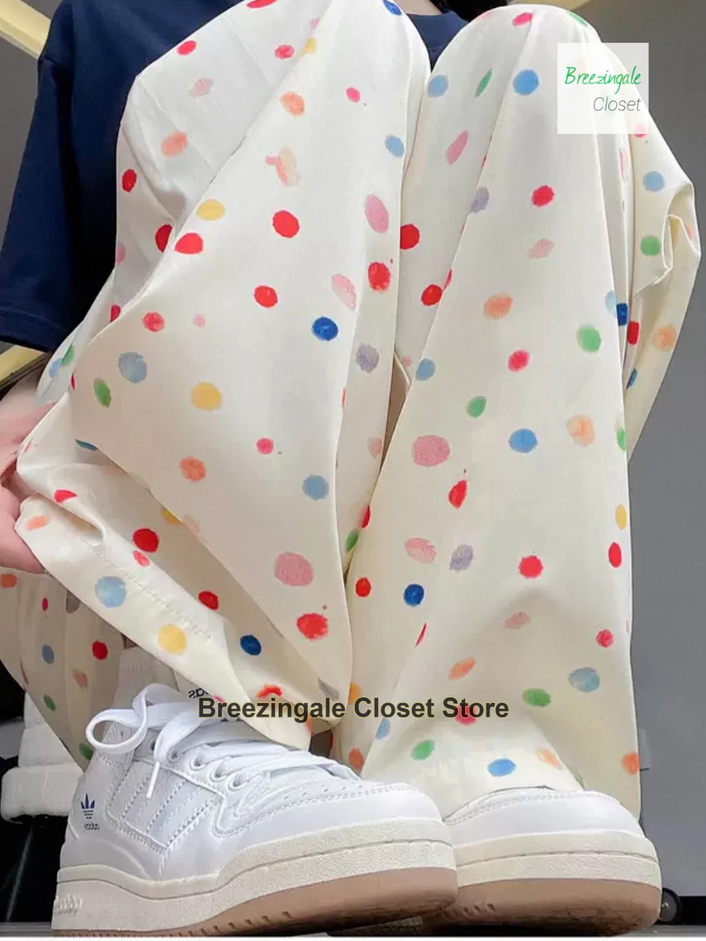 Korean rainbow polka-dot wide-leg pants women's new summer fashion loose and slim Joker ice silk casual straight pants.