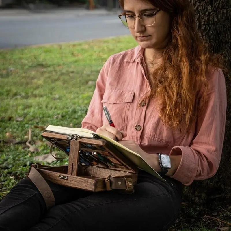 Writers Messenger Wood Box Vintage Walnut Artist Tool And Brush Storage Box A5 Multifunctional Portable Crossbody Postman Bag