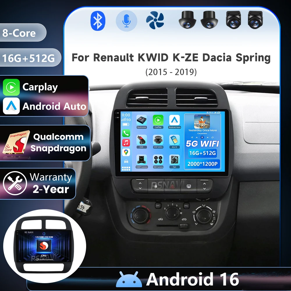 Rádio Multimídia Automotivo Plug and Play Android 16 Qualcomm para Renault KWID K-ZE Dacia Spring 2015 - 2019 com Auto Carplay e Bluetooth