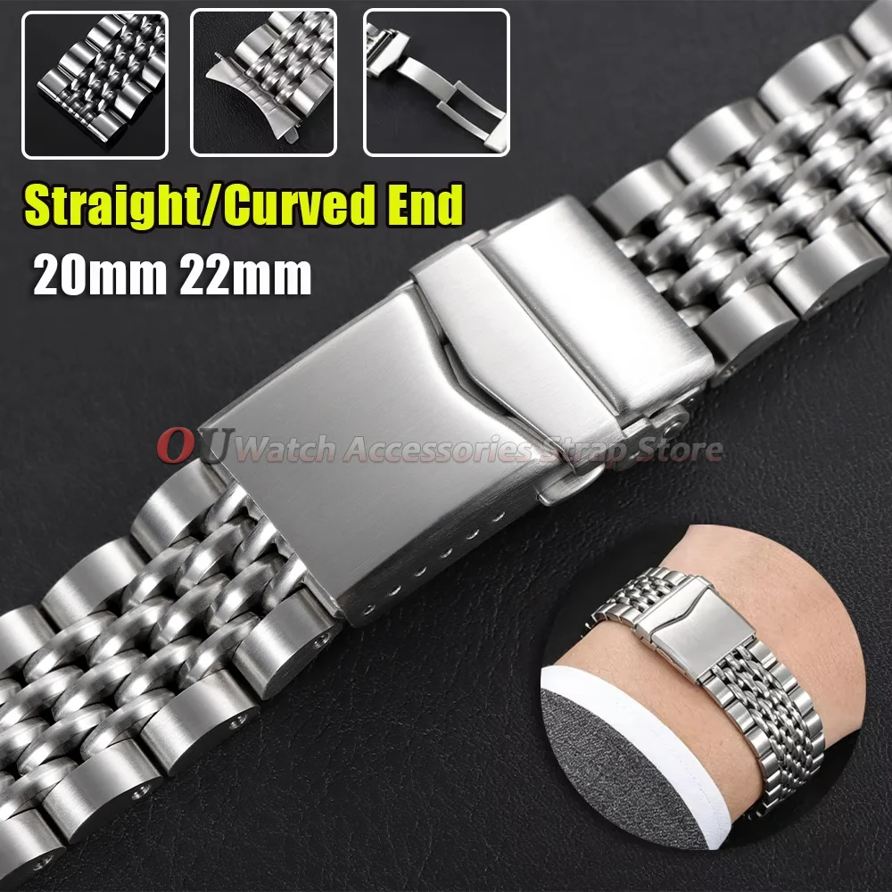 Bracelet en acier inoxydable massif à extrémités droites/courbes avec fermoir déployant pour montres Seiko et Rolex, 20mm 22mm, pour hommes
