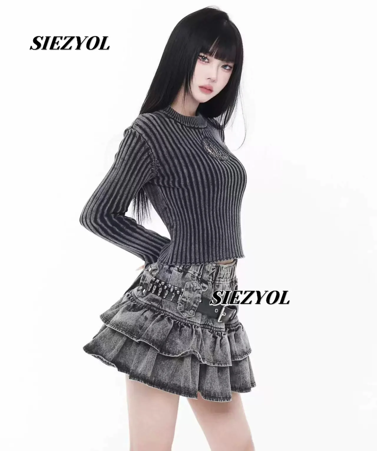 

Spicy Girl Y2k Elastic High Waist Short Tiered Skirt Summer New Subculture Dark Punk Style Belted Leather Denim Mini Skirts