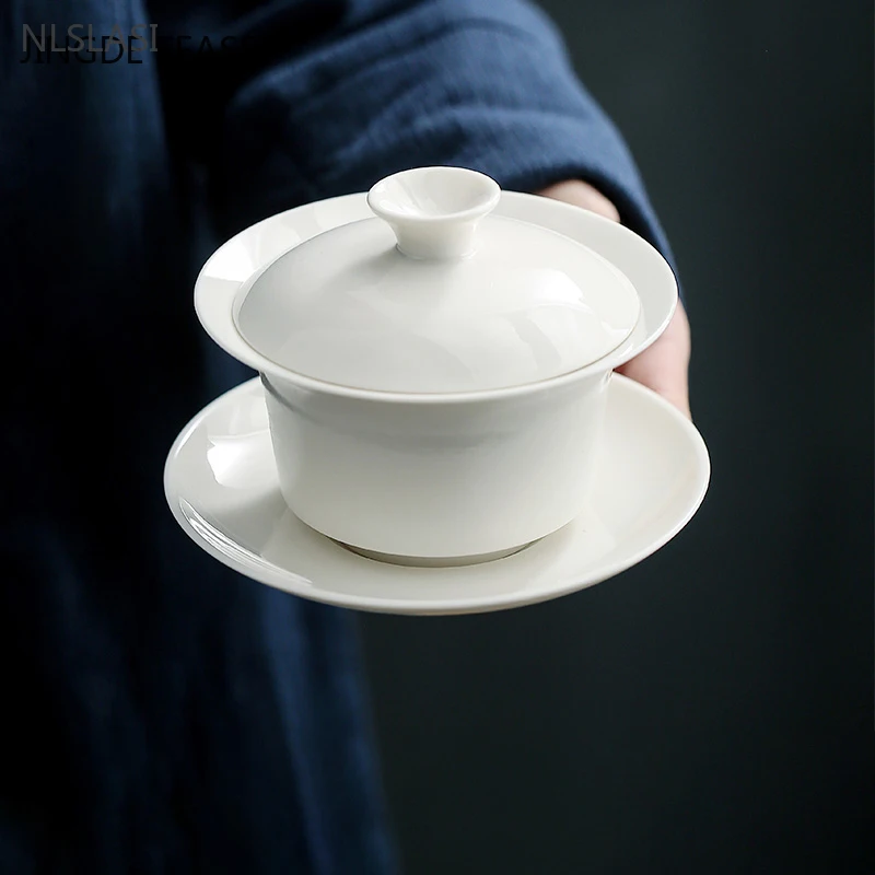 Dehua Handmade Ceramic Gaiwan Large Tea cup Solid color Tea tureen Chinese White porcelain Tea set Drink tea Accessories