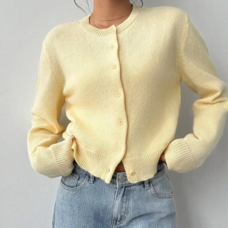 

Women Cream Yellow Crop Knit Cardigan Button Down Loose Long Sleeve Soft Sweater Jacket Casual Daily Office Layering Outerwear