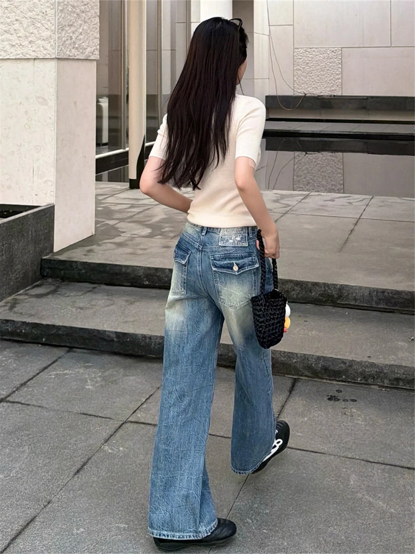 

Tall Women's Loose Fit Low Waist Wide Leg Jeans Casual Spring Blue Denim Pants Floor Length Straight Cut Vintage Style