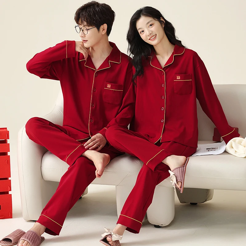 Autumn Couple Pajamas Set Cotton Loose Pyjamas Women Men Long Sleeve Homewear Lovers Nightgowns Wedding Celebration Red Pajama