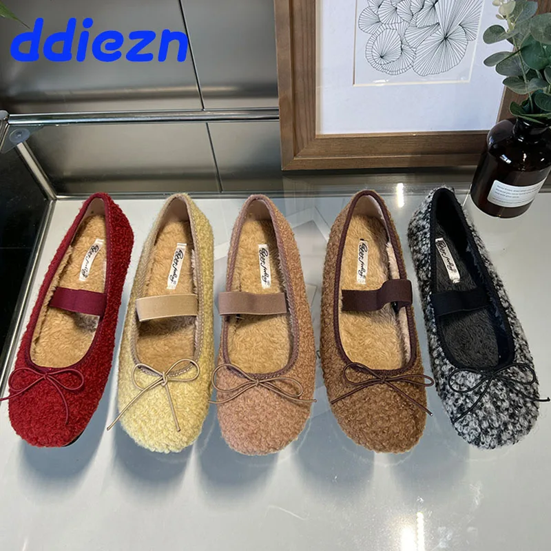 Fashion Fur Footwear Shallow Women Ballet Flats Dance Shoes Female Round Toe Butterfly-Knot Ladies Flats With Plush Shoes Slides