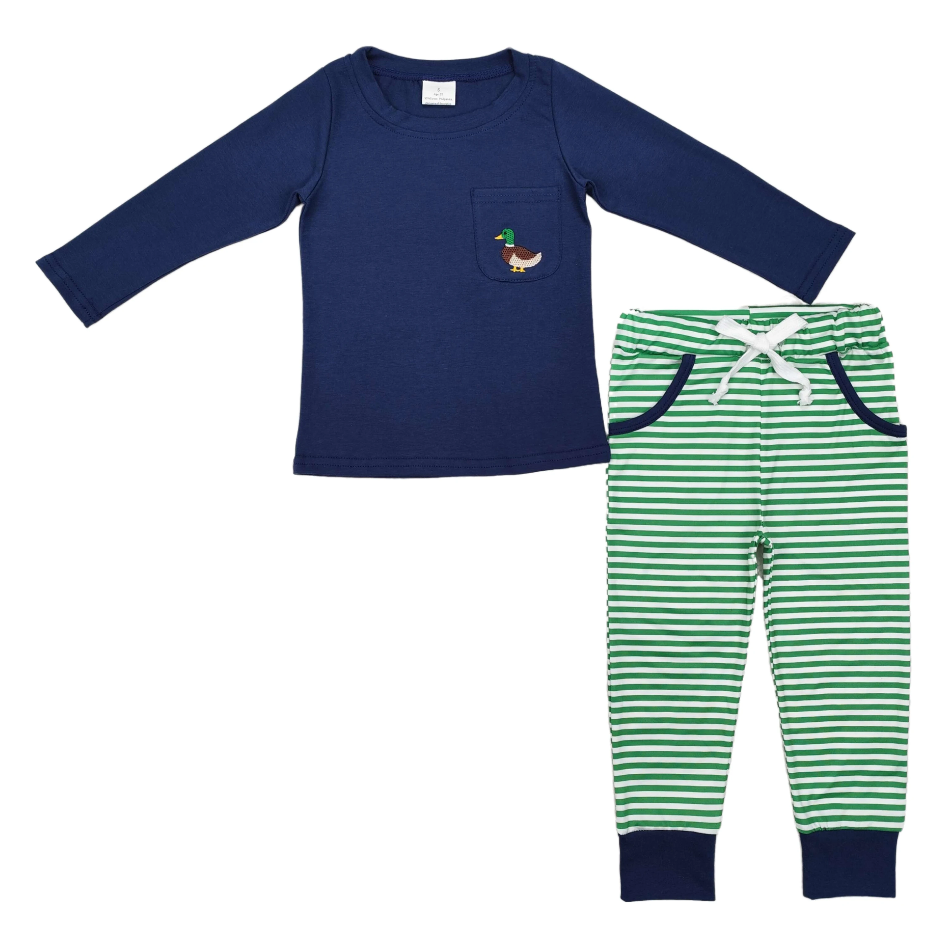 Wholesale Toddler Kids Duck Cotton Outfit Baby Boy Long Sleeves Pullover Shirt Children Pocket Green Striped Pants Sets Clothing