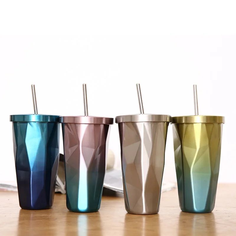 Double 304 Stainless Steel Cup with Straw Water Cup Ice Cup Coffee Cup Large Ice Cup Mugs with Lid Straw Coffee Cup Set