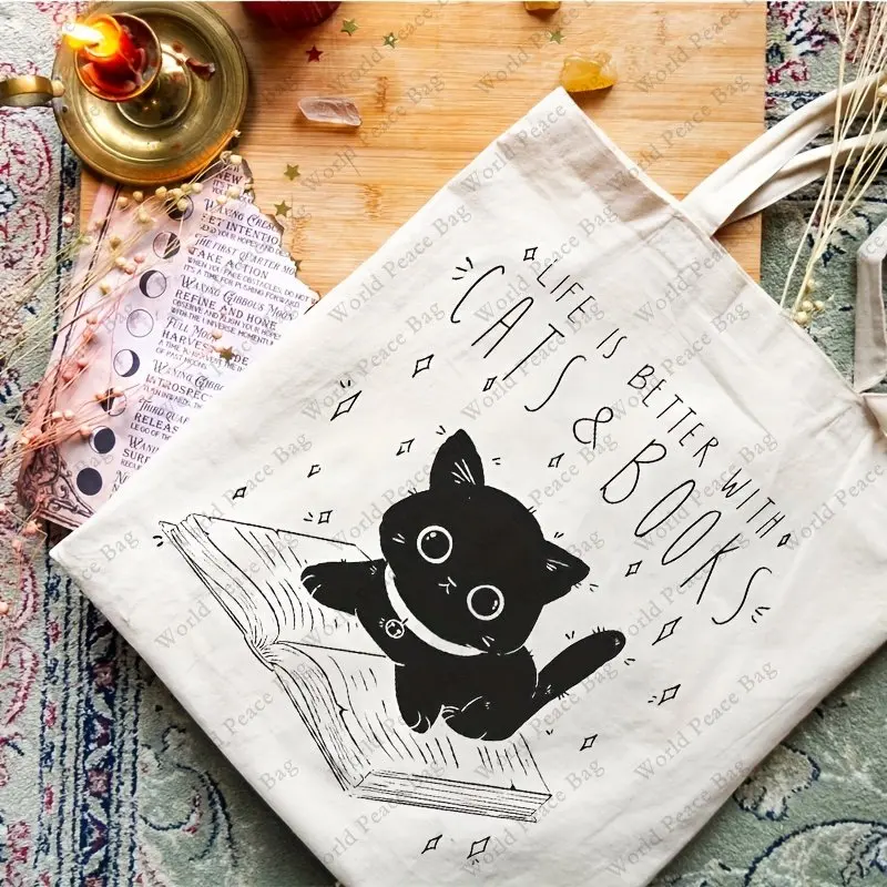 Cat And Book Pattern Canvas Shopping Bag, Letter Print Portable Shoulder Bag, Fashion Large Capacity Tote Bag For Daily Life