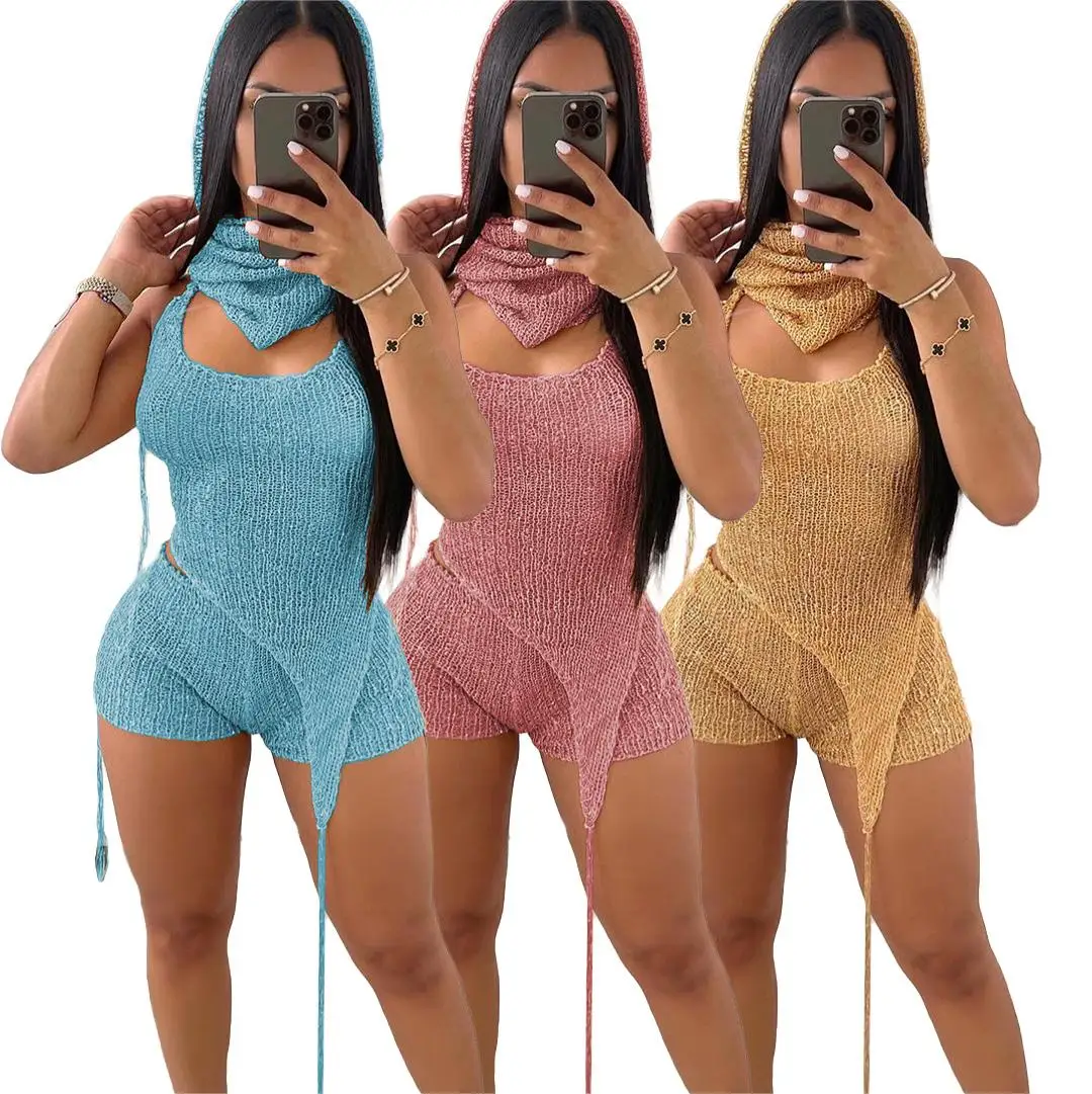 

Boutique Women Hooded Shorts Set Sexy Backless Knitted Clothing Two Piece Set