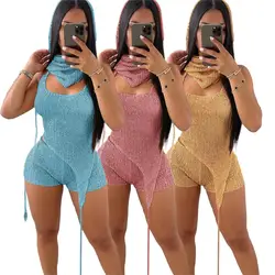 Boutique Women Hooded Shorts Set Sexy Backless Knitted Clothing Two Piece Set