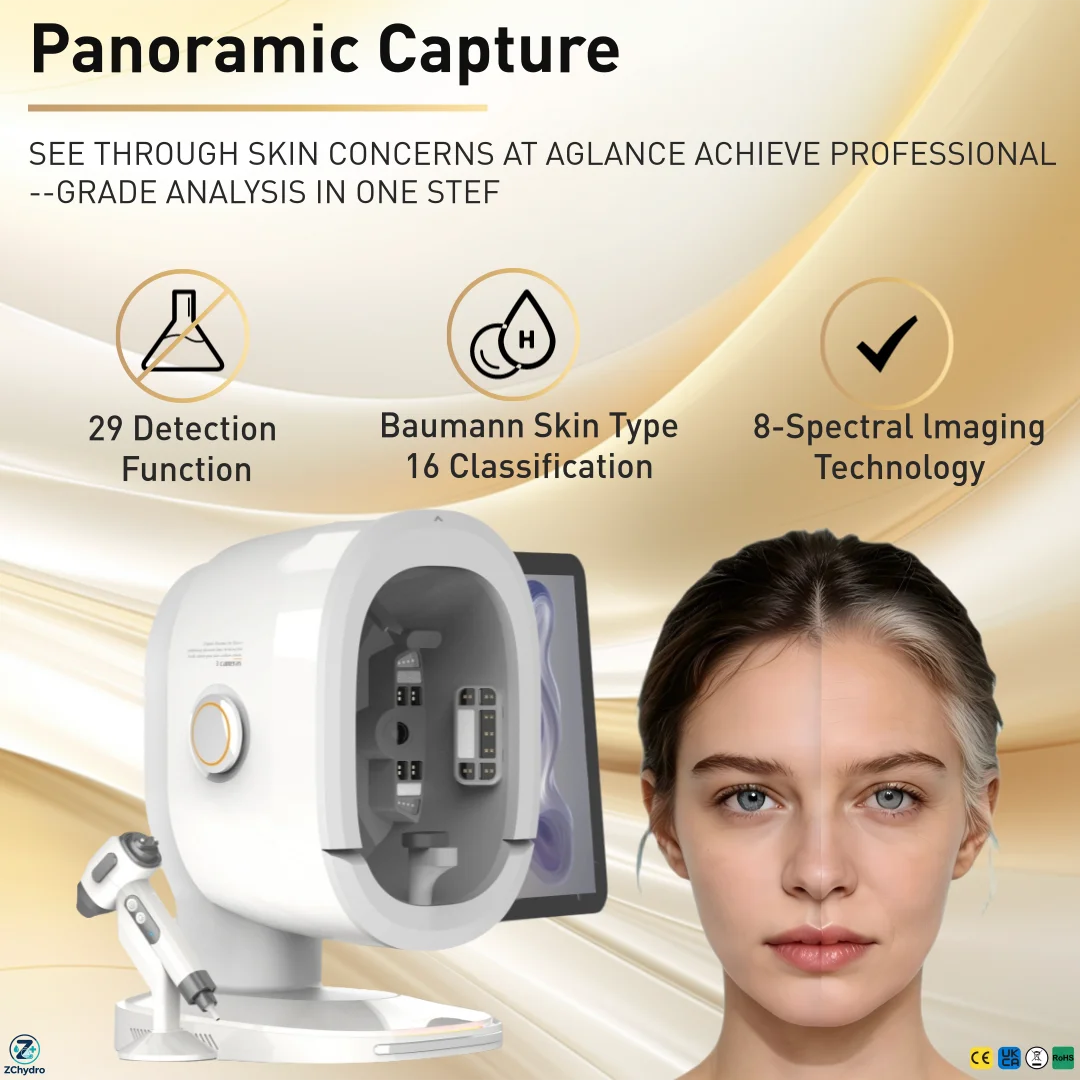 AI Skin Analyzer 8 Spectrum 3D Facial Imaging Scanner 270° Coverage 30+ Skin Analysis Metrics Moisture Wrinkle Pores Detector Fo