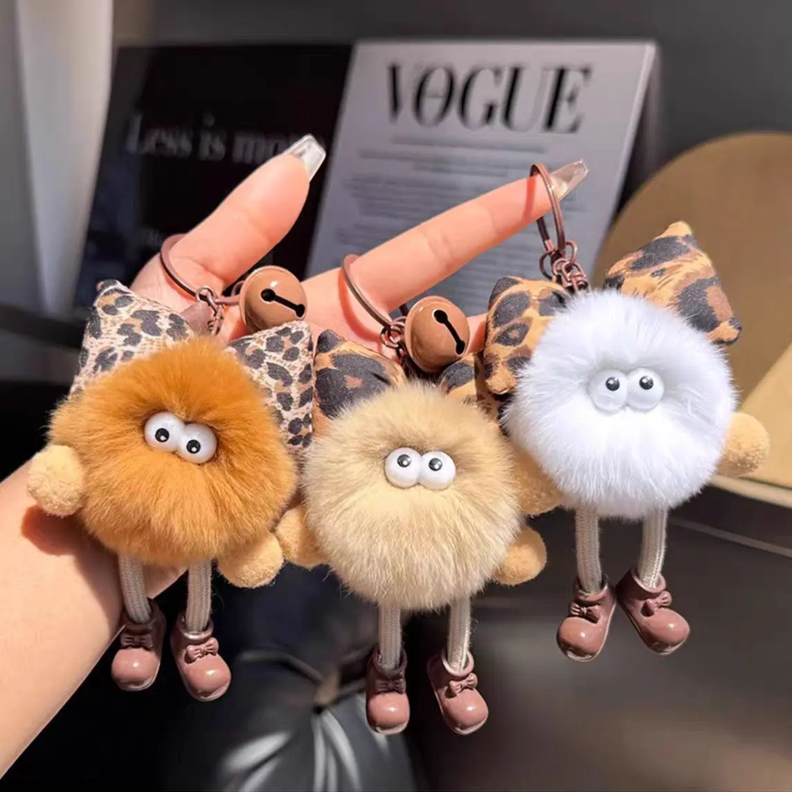 Cute Leopard Bow Faux Rex Rabbit Fur Pom-Pom Keychain with Bell & Mini Shoes – Adorable Car Bag Charm for Women & Girls