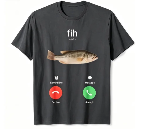 Herren-T-Shirt mit lustigem Fisch-Motiv und Meme-Grafik, Rundhalsausschnitt, kurze Ärmel, schwarze Basis, lässiges Alltags-Oberteil – Detail 1
