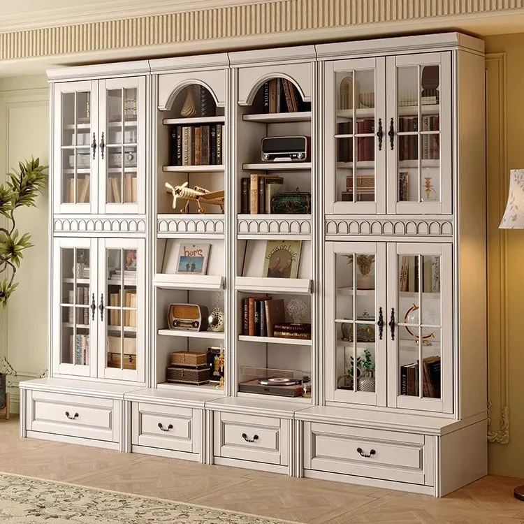 American Retro Solid Wood Bookcase with Glass Door Villa Study Locker Living Room Display Cabinet