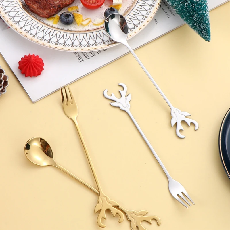 1/2/4/6Pcs Creative Deer Head Christmas Tableware Set Pastry Forks And Tea Spoon Set Stainless Steel Kitchen Bar Accessories
